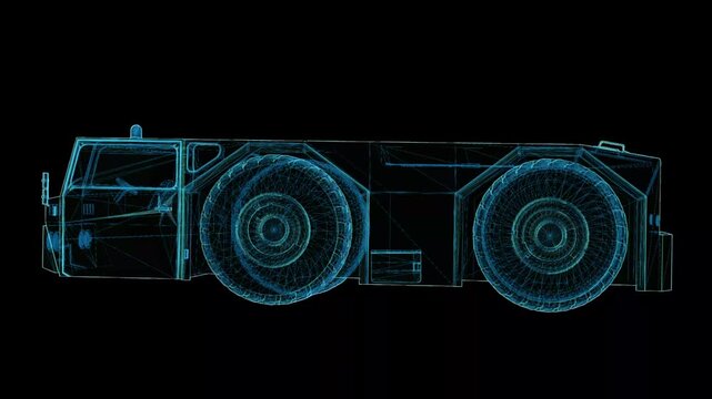 Futuristic 360&deg; rotating HUD wireframe vehicle animation with glowing X-ray blueprint style. High-tech digital interface, seamless loop, perfect for AI, automotive, engineering, defense, and sci-fi pr