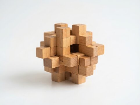 Intricate wooden puzzle box interlocking cubes brain teaser game minimalist design