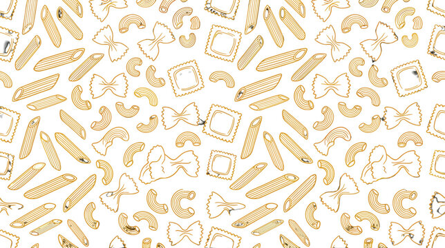 Hand drawn pasta pattern featuring various noodle shapes like penne farfalle and ravioli on white background