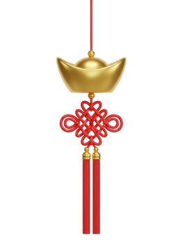 3D Traditional Chinese Gold Sycee with Red Knot and Tassel Ornament Illustration Isolated on a Transparent Background