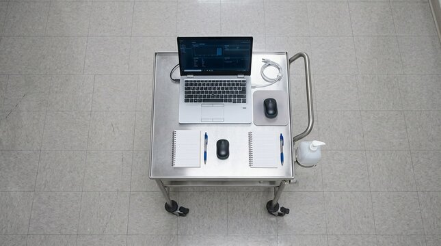 Sanitizer Bottle Mounted on the Side of a Mobile Computer Workstation Cart &ndash; Close-Up Detail, Hospital Hand Hygiene & Infection Control Concept