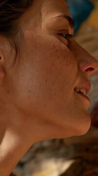 Profile close up of a beautiful young woman with freckles smiling genuinely in the warm sunlight, showcasing her natural beauty and happiness with a serene and joyful expression on her face