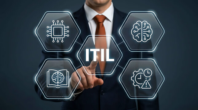Businessman touching ITIL concept interface with technology icons