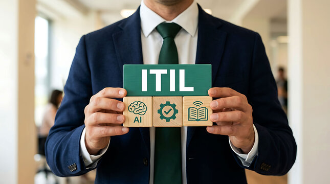 Businessman holding ITIL blocks with AI and technology icons