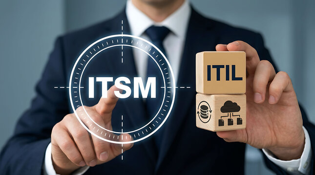 Businessman touching ITSM concept and holding ITIL blocks for business