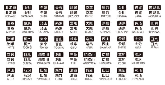 All 47 Japanese Prefecture Names Hand Drawn Label Set with Kanji
