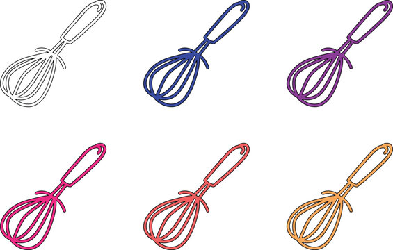 Set of six colorful whisks vector drawing for baking and cooking in kitchen isolated on transparent background graphic.