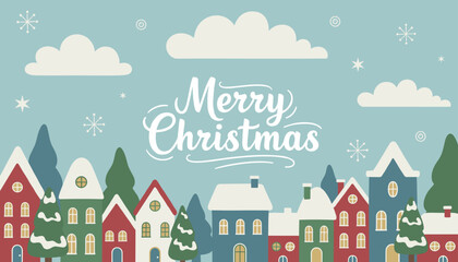 Fototapeta premium Scenic christmas banner featuring a snowy winter town skyline with colorful houses under merry christmas lettering.