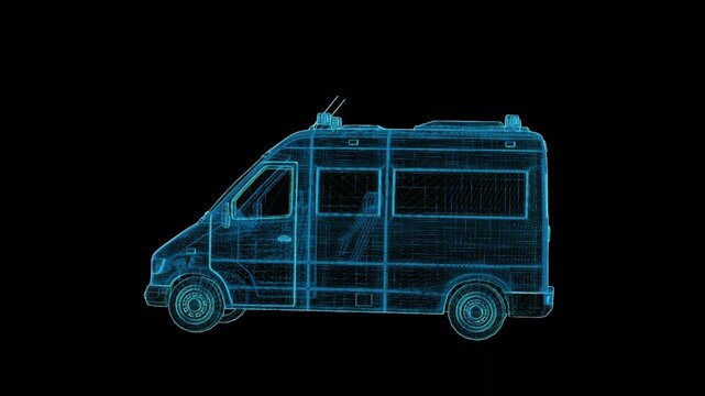 Futuristic 360&deg; rotating HUD wireframe vehicle animation with glowing X-ray blueprint style. High-tech digital interface, seamless loop, perfect for AI, automotive, engineering, defense, and sci-fi pr