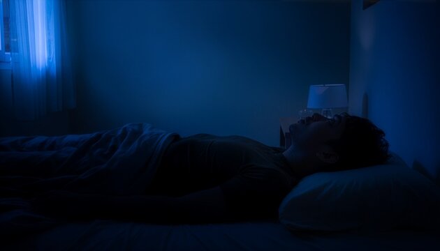 Person silhouette lying awake staring at ceiling in dark room.