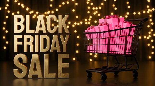 Black friday sale sign with a shopping cart filled with gifts and glowing fairy lights