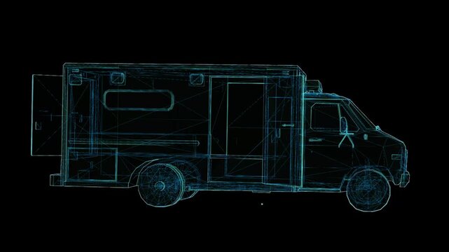 Futuristic 360&deg; rotating HUD wireframe vehicle animation with glowing X-ray blueprint style. High-tech digital interface, seamless loop, perfect for AI, automotive, engineering, defense, and sci-fi pr