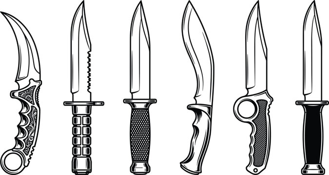 Set of tactical combat knives army military blades hunting daggers survival weapons line art vector illustration isolated