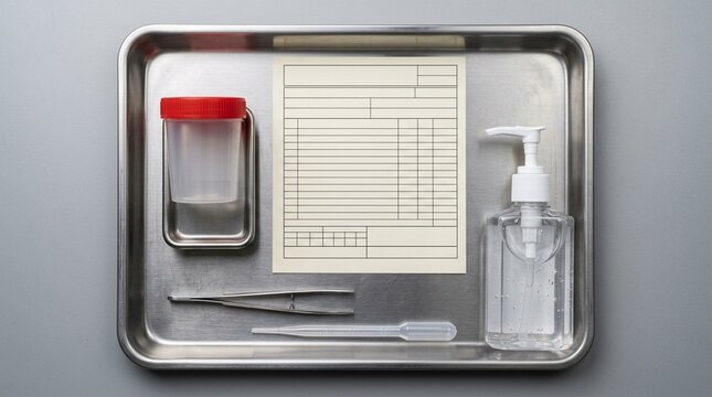 Specimen Container a Lab Requisition Slip and a Sanitizer Bottle &ndash; Flat Lay, Hospital Hand Hygiene & Infection Control Concept