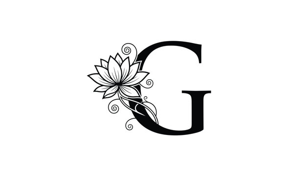 Elegant black capital letter g decorated with a beautiful hand-drawn lotus flower outline on clean white background.
