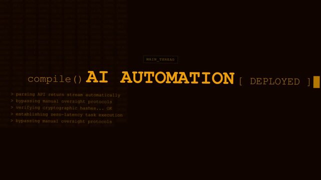 AI automation mainframe system override text montage, autonomous artificial intelligence terminal stop motion code