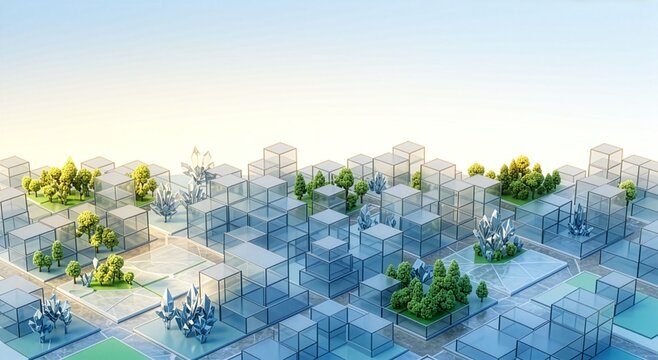 Abstract blue glass cube city background for digital UI design