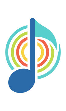 Stylized musical note with radiating sound waves in bold flat colors. Musical concept.