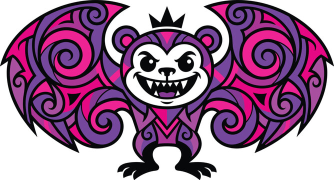 Spooky cartoon vampire bat character wearing crown with ornate purple gothic tribal pattern wings vector mascot design