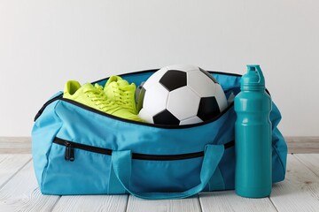 Fototapeta premium The Blue Duffel Bag with Soccer Ball and Neon Shoes for Training