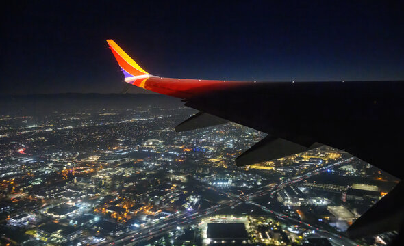 Las Vegas, USA &ndash; Dec 06 2025: Southwest Airlines airplane flying towards Las Vegas Harry Reid Intl Airport at night.