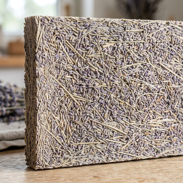 Natural rectangular block of compressed dried lavender flowers and straw stems on a wooden surface in a bright interior