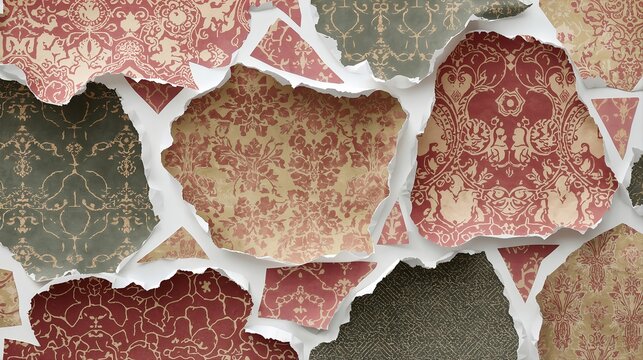 Torn Paper Collage of Victorian Damask Floral Patterns in Red Rose and Sage Green Tones