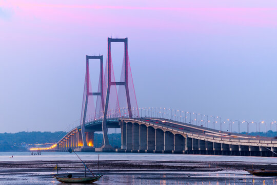 The Suramadu Bridge at Twilight,Surabaya,Indonesia.Is the longest Bridge in Indonesia connecting java and madura island.