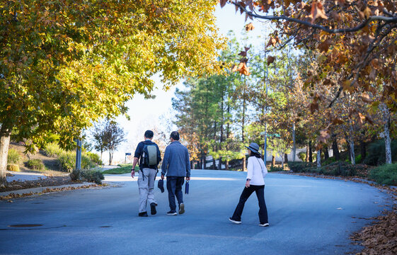 Three people walking across the road in autumn. Walkable city in California. USA.