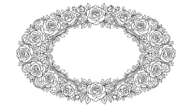 Elegant Floral Oval Frame with Roses and Leaves Coloring Page