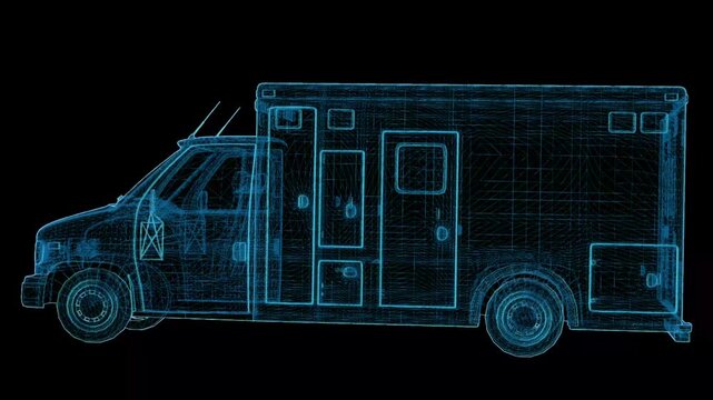 Futuristic 360&deg; rotating HUD wireframe vehicle animation with glowing X-ray blueprint style. High-tech digital interface, seamless loop, perfect for AI, automotive, engineering, defense, and sci-fi pr