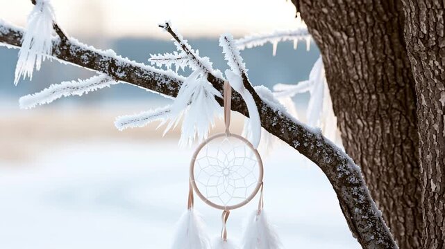 Delicate dreamcatcher with white feathers hanging from a tree branch covered with ice crystals and hoarfrost on a cold winter day