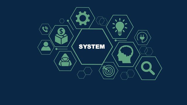 System Concept With Hexagonal Icons And Central Text On Dark Blue Background structure organization