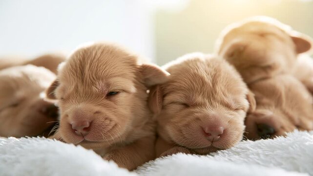 Group of cute newborn puppies sleeping together on a soft blanket. One puppy is yawning widely, showing its tiny pink tongue and mouth