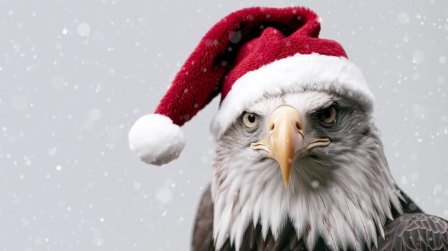 Close up of a festive American bald eagle wearing a red Santa hat. The majestic bird of prey looks at the camera while snow is falling