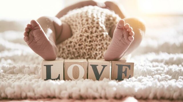 Adorable newborn baby's feet resting on wooden blocks spelling love. A tender moment capturing innocence, new life, and family affection