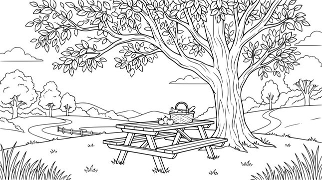 Picnic Under a Large Tree Coloring Page for Kids and Adults