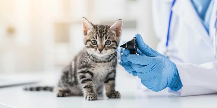 Professional veterinarian performing a medical checkup on a cute tabby kitten, examining its ear with an otoscope at a modern clinic