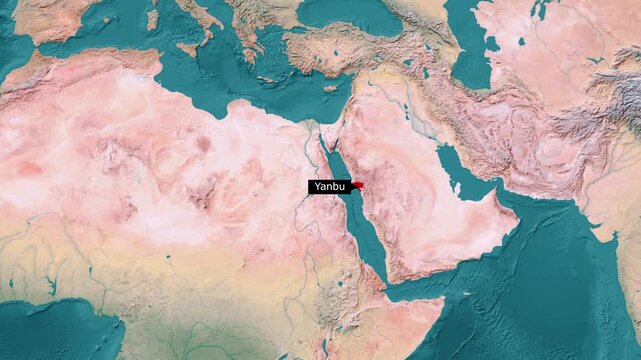 Map Zoom Into Yanbu City on Saudi Arabia Red Sea Coast