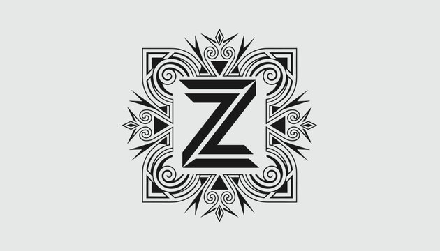 Futuristic bold black geometric letter Z monogram badge surrounded by symmetric tribal art ornament.
