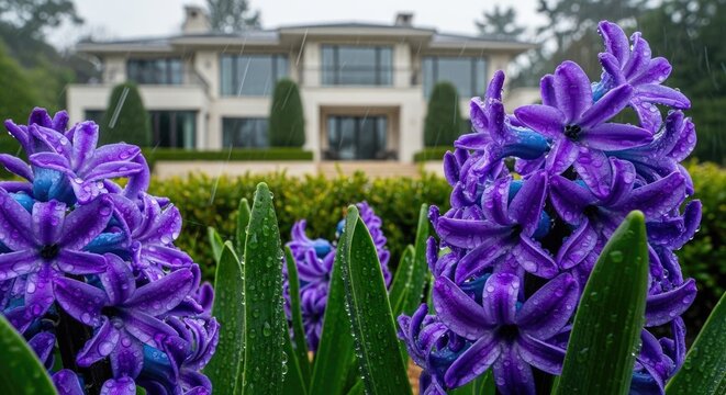 closeup purple hyacinth flowers blooming in garden with modern house background, fresh green leaves, shallow depth of field, vibrant spring atmosphere