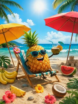 A cute cartoon pineapple character wearing sunglasses and relaxing on a beach lounge chair, holding a tropical coconut cocktail on a sunny tropical beach with umbrellas and ocean waves.