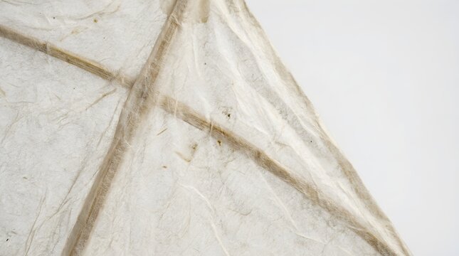 Macro detail texture of traditional handmade white paper kite with natural bamboo frame and creased parchment surface