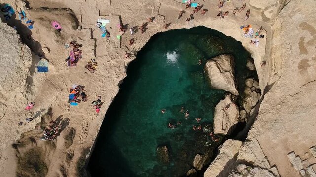 Puglia, Italy, Drone Footage of Grotta della Poesia Cave and Adriatic Coastline, Roca Vecchia, Ocean