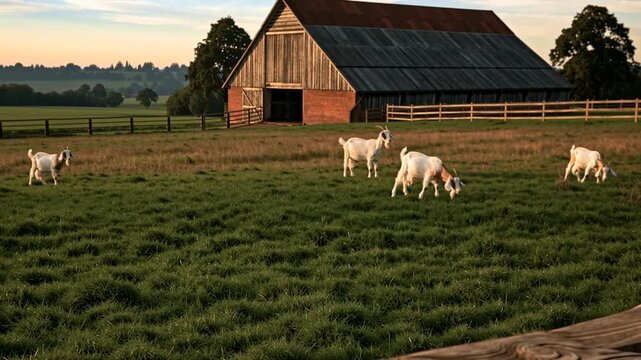 Two glass bottles of fresh goat milk standing on a wooden surface. Goats grazing peacefully in a green pasture with a rustic barn at sunset