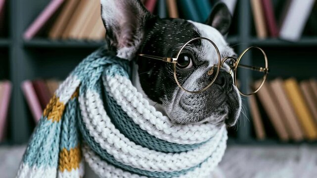 Adorable French bulldog portraying a scholar, wearing glasses and a cozy knitted scarf, sitting in front of a bookshelf full of books