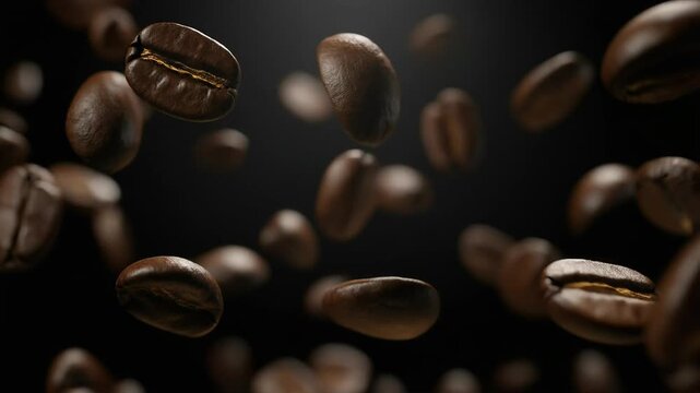 Roasted coffee beans in motion on dark background.