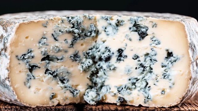 Closeup of a whole wheel of aged blue cheese slowly rotating. The traditional dairy product showcases its rich texture and blue veins