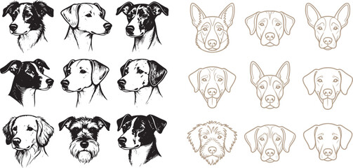 Obraz premium Dog head portraits vector set in hand drawn sketch and minimalist line art styles for logo design