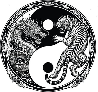 Traditional Chinese yin yang symbol vector illustration featuring detailed fighting dragon and tiger in ornate circular frame